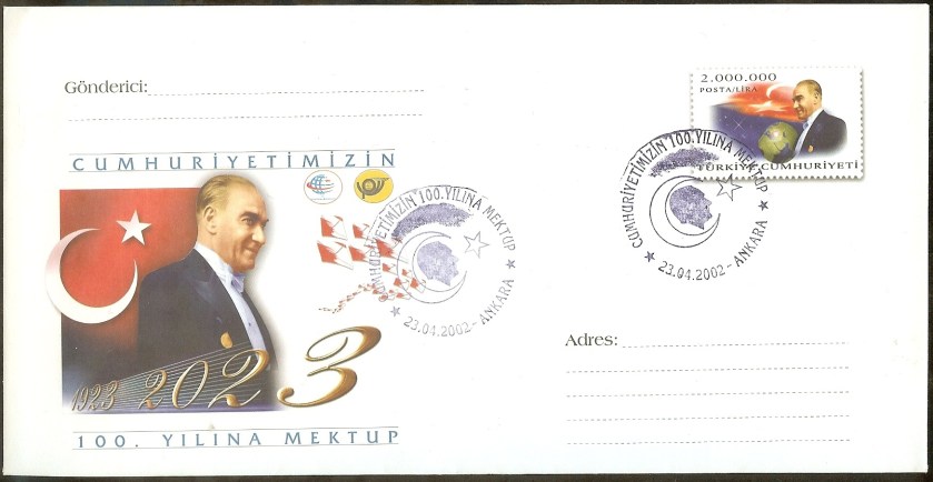 Cumhuriyetimizin 100. yılına mektup antiye zarf - 23 Nisan 2002