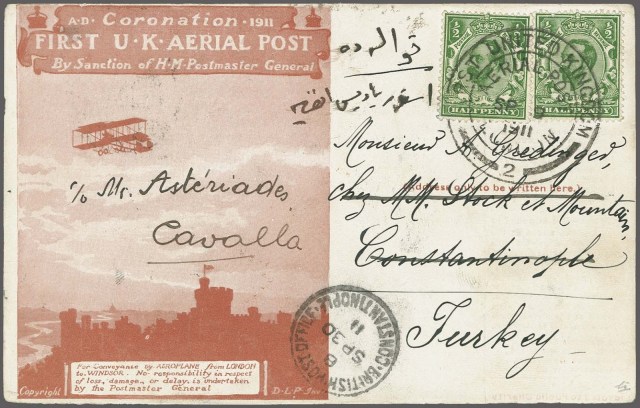 1911 İngiltere hava postası ile taşıınmış kart